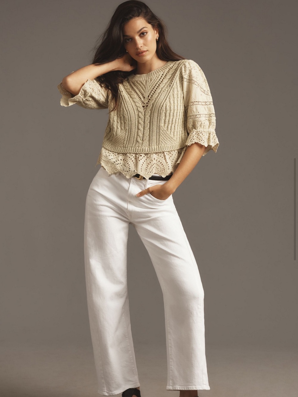 Anthropologie Olive Cream Cable Knit Sweater - Picture 4 of 12